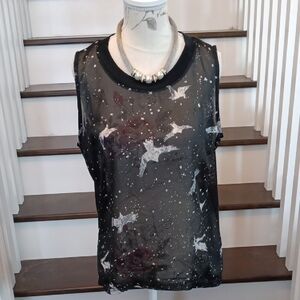 # Moon Collection Black Sheer Hi-Low Top w Bird Print